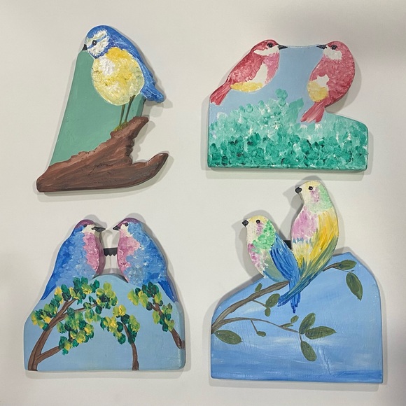 Hand Painted and Carved Birds and Chickadees in the Garden Wood Set of 4 - Picture 2 of 8